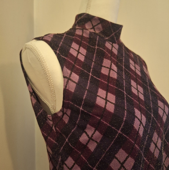 80s Mock Neck Sleeveless Tank Argyle Pattern Metallic Shimmer Petite or Crop VTG - Picture 6 of 6